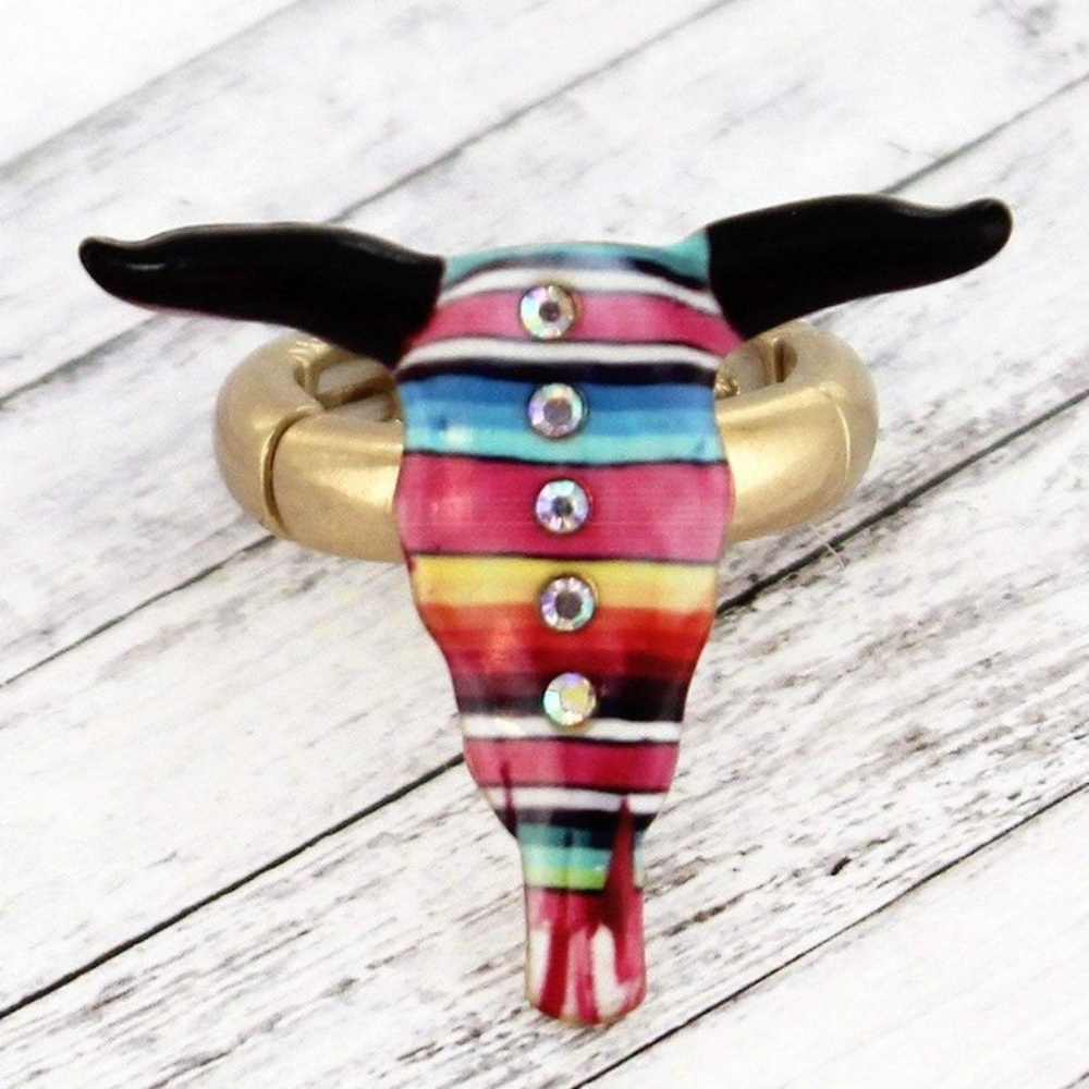 Serape Southwestern steer cow head Boho Hippie Gypsy Stretch ring Faux Goldtone